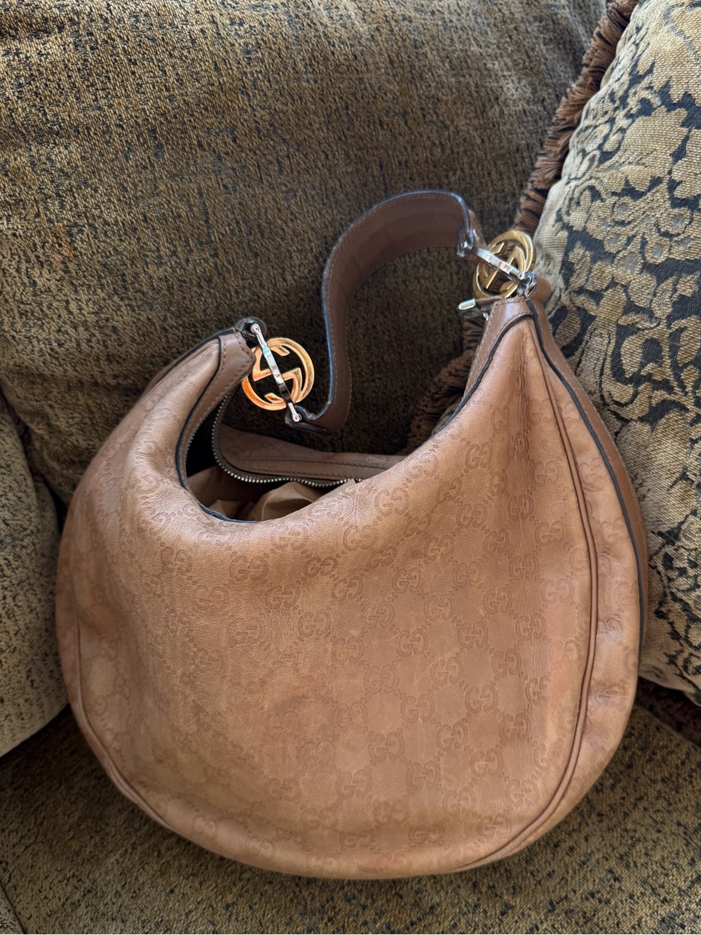 Gucci Tan Monogram Hobo with Gold-Tone Double G Accent